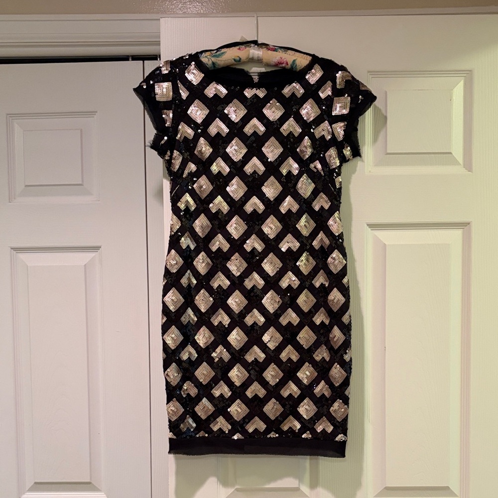 Eliza J Black Mini Dress with Silver Sequin Chevron Pattern